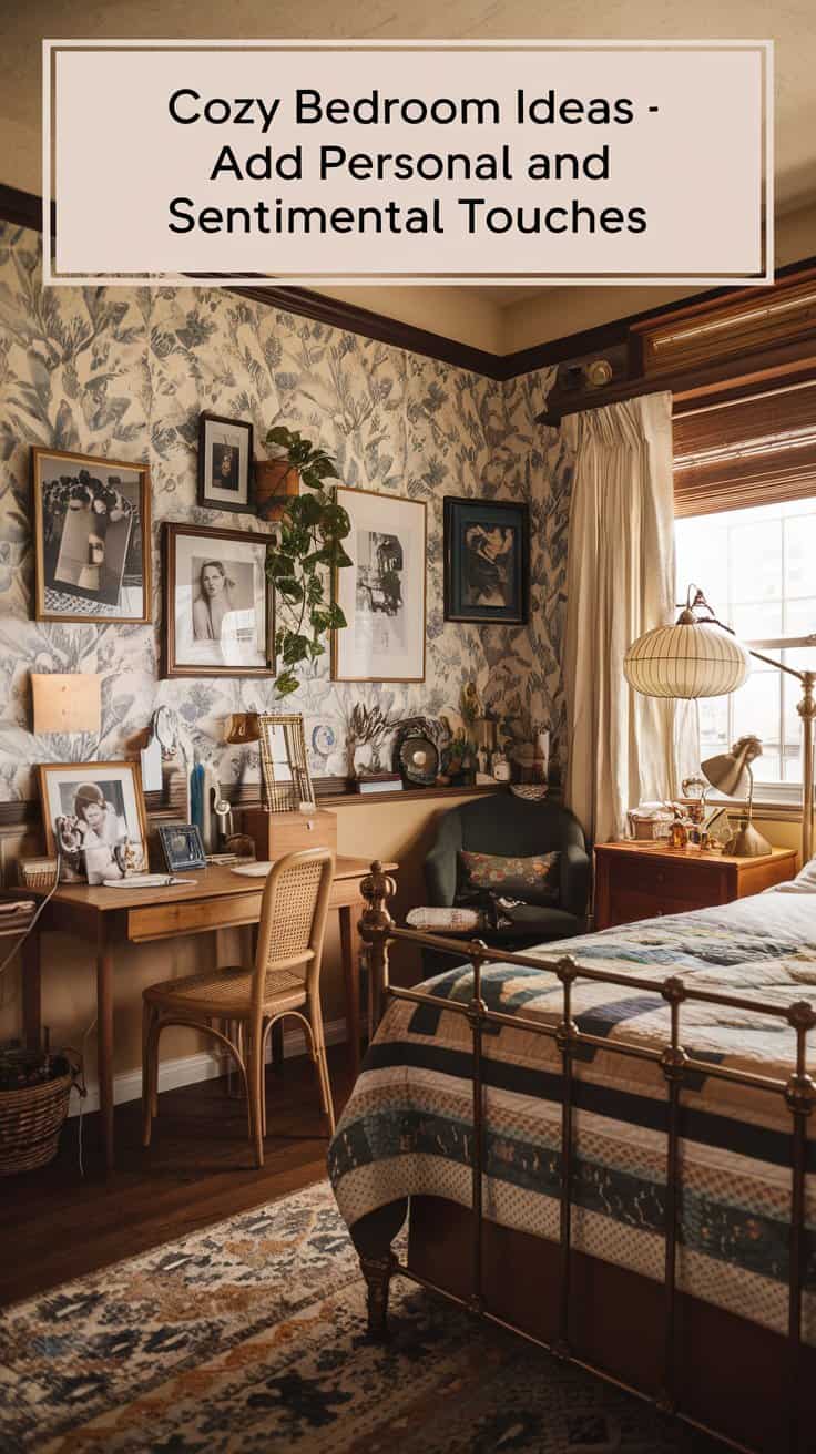 A cozy bedroom with floral wallpaper, a vintage brass bed, wooden desk, and chair. The room features framed photos, a lace lamp, and a window with white curtains. Text at the top reads, Cozy Bedroom Ideas - Add Personal and Sentimental Touches.
