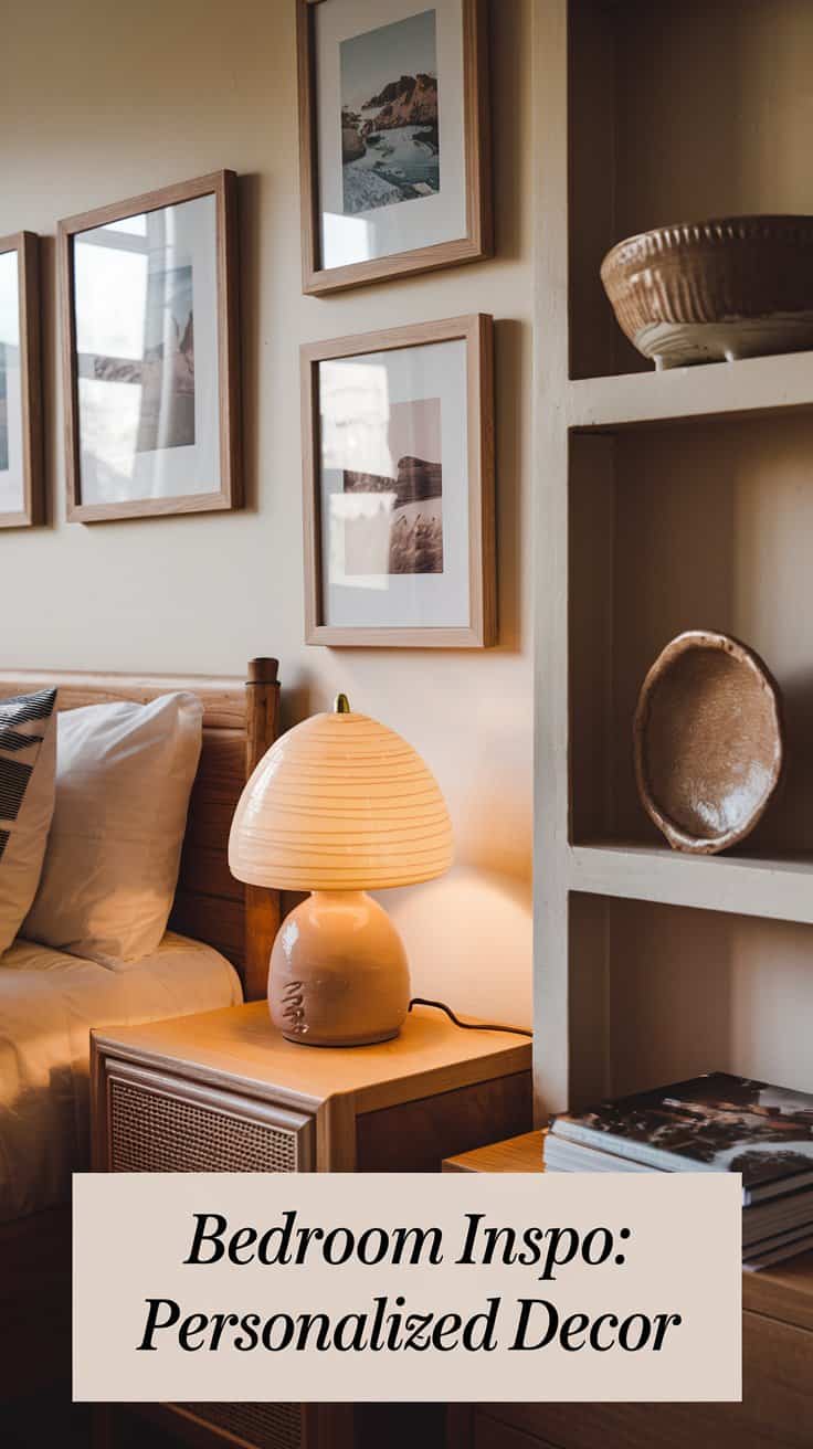Cozy bedroom with a wicker headboard, wooden nightstand, and a ceramic lamp. Wall with framed photos, and shelves displaying a decorative bowl and books. Text at the bottom reads, Bedroom Inspo: Personalized Decor.