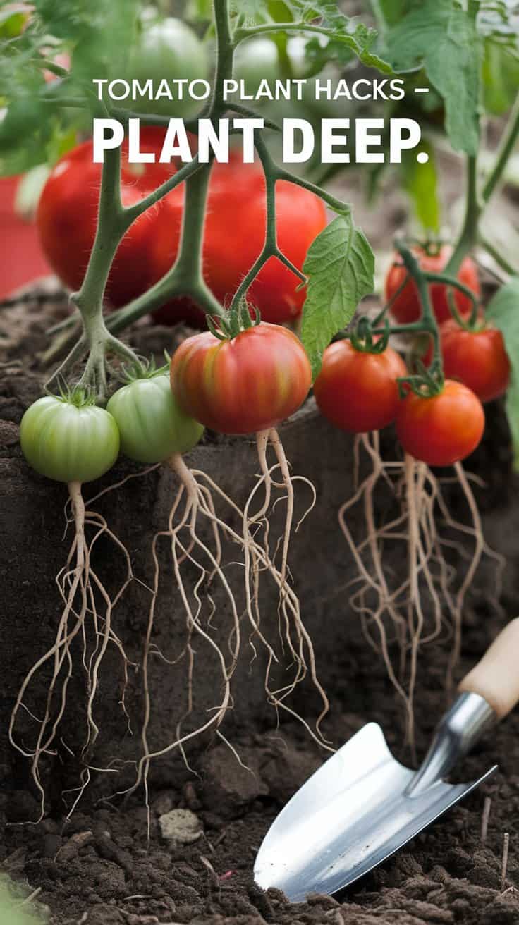 Tomato plants with exposed roots are shown beside a gardening trowel. Above, text reads: Tomato Plant Hacks – Plant Deep. The plants have both green and ripe red tomatoes.