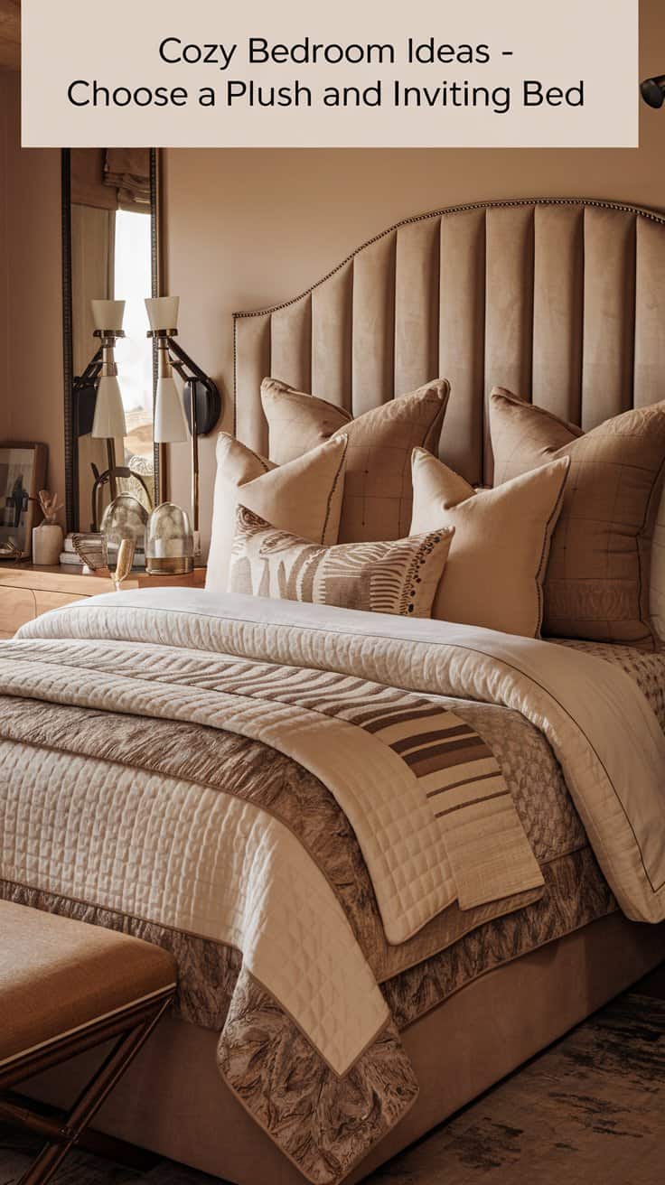 A cozy bedroom with a plush, padded headboard and layered bedding in neutral tones. Decorative pillows add texture and warmth. A bedside table with lamps and a mirror frame the bed. The text reads, Cozy Bedroom Ideas - Choose a Plush and Inviting Bed.