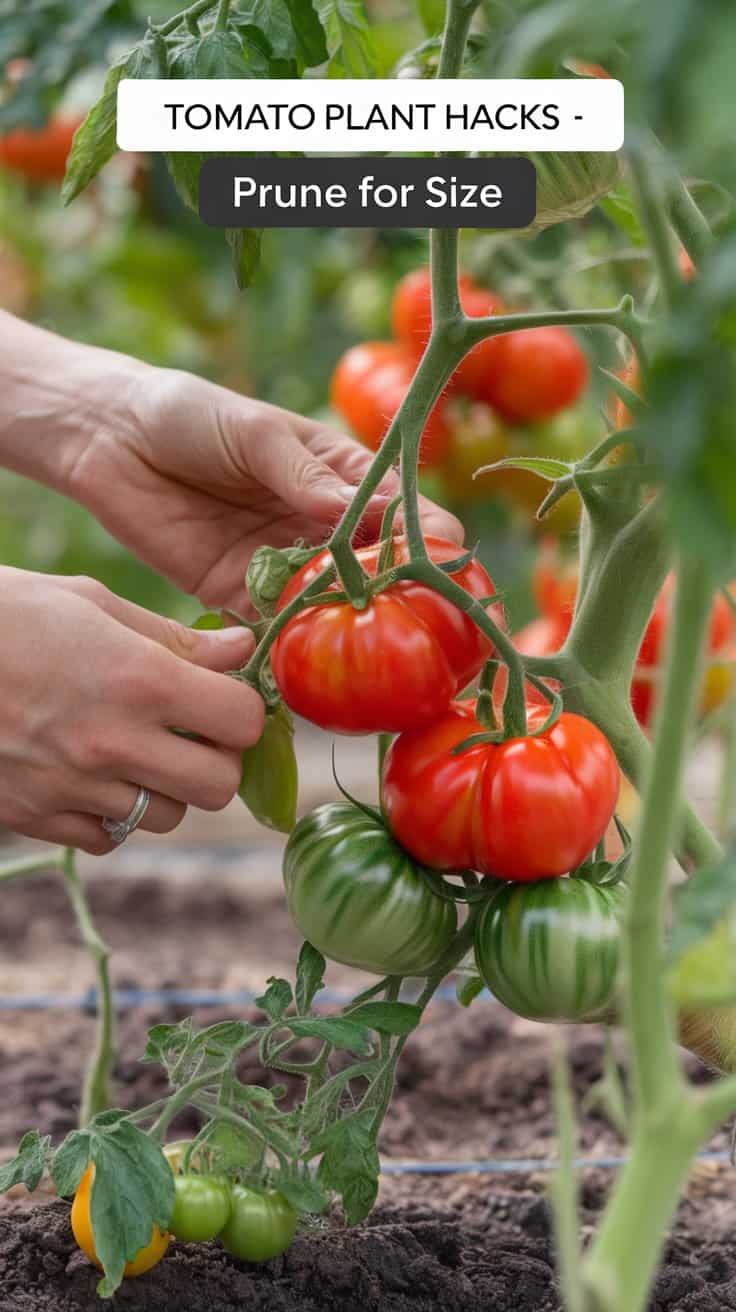 Hands pruning a tomato plant with several ripe and unripe tomatoes. The text overlay reads Tomato Plant Hacks - Prune for Size. The background shows more greenery and soil.