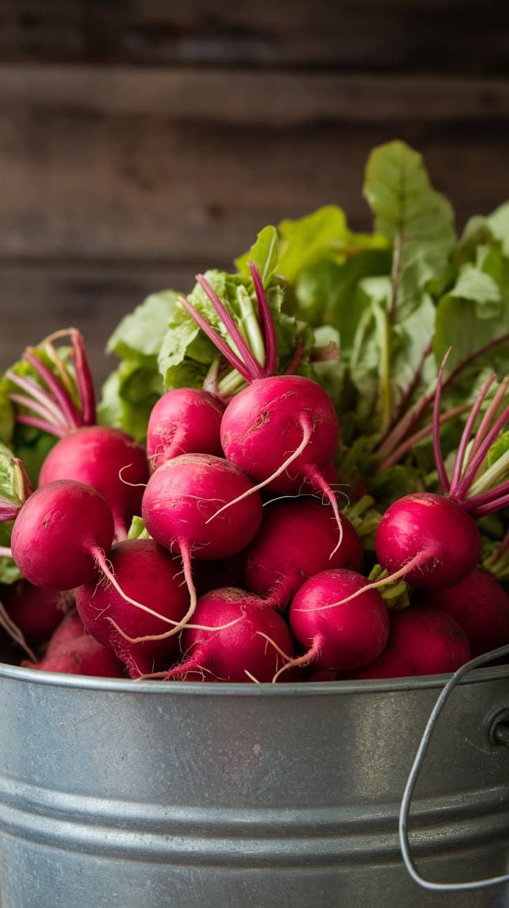 A metal bucket filled with freshly harvested red radishes, showcasing vibrant green leaves and tangled roots against a rustic wooden background.