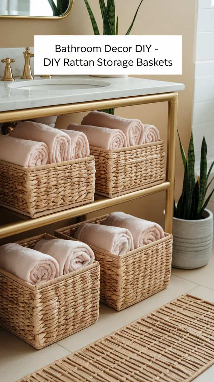 Bathroom with gold fixtures and tan walls. Four wicker baskets with neatly rolled pink towels are placed on a shelf below the sink. A woven rug is on the floor, and a potted plant adds greenery to the space. Text reads Bathroom Decor DIY - DIY Rattan Storage Baskets.