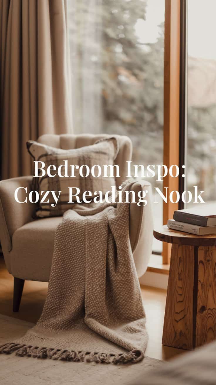 A cozy reading nook with a plush armchair draped with a knitted blanket and a pillow. Nearby is a wooden side table with books, next to a large window overlooking a snowy landscape. The text reads Bedroom Inspo: Cozy Reading Nook.