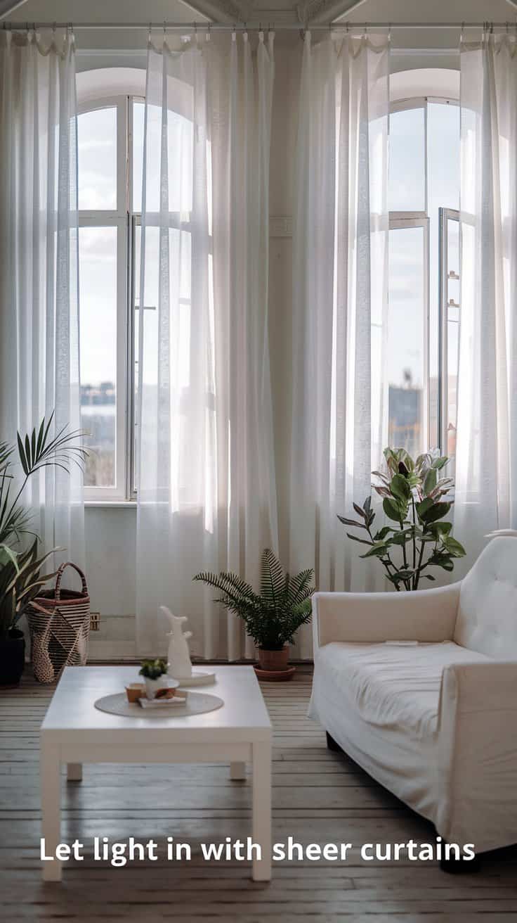 A cozy room with sheer white curtains letting in natural light through tall arched windows. A white sofa and table with potted plants sit on a wooden floor. Text reads, Let light in with sheer curtains.
