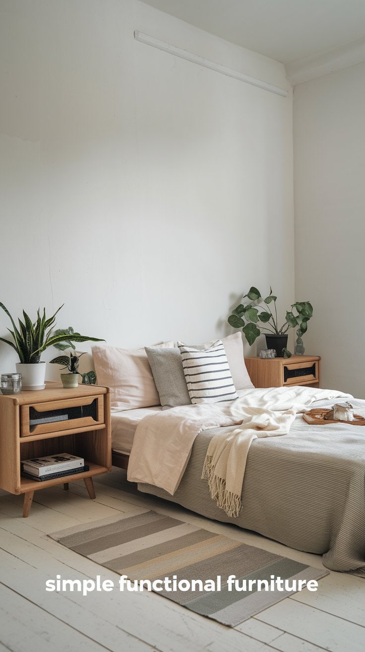 A minimalist bedroom with a neatly made bed featuring neutral linens, two wooden nightstands, and potted plants. A striped rug is on the wooden floor, and the wall has the text simple functional furniture.