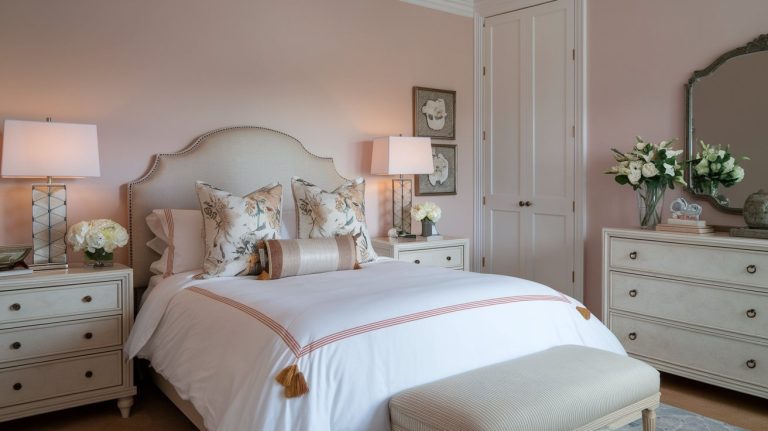 A cozy bedroom with a cream-colored bed featuring floral pillows and a striped throw. Two side tables with lamps flank the bed. A dresser with a mirror and floral arrangements completes the decor. The room has a soft, warm ambiance.