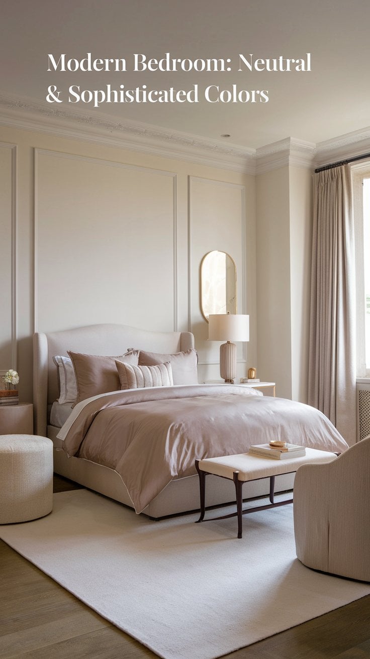 A modern bedroom featuring neutral tones with a large bed, beige and tan bedding, a cushioned headboard, and light curtains. A round ottoman and a small table are in front. An oval mirror is above the bedside table. Text at the top reads Modern Bedroom: Neutral & Sophisticated Colors.