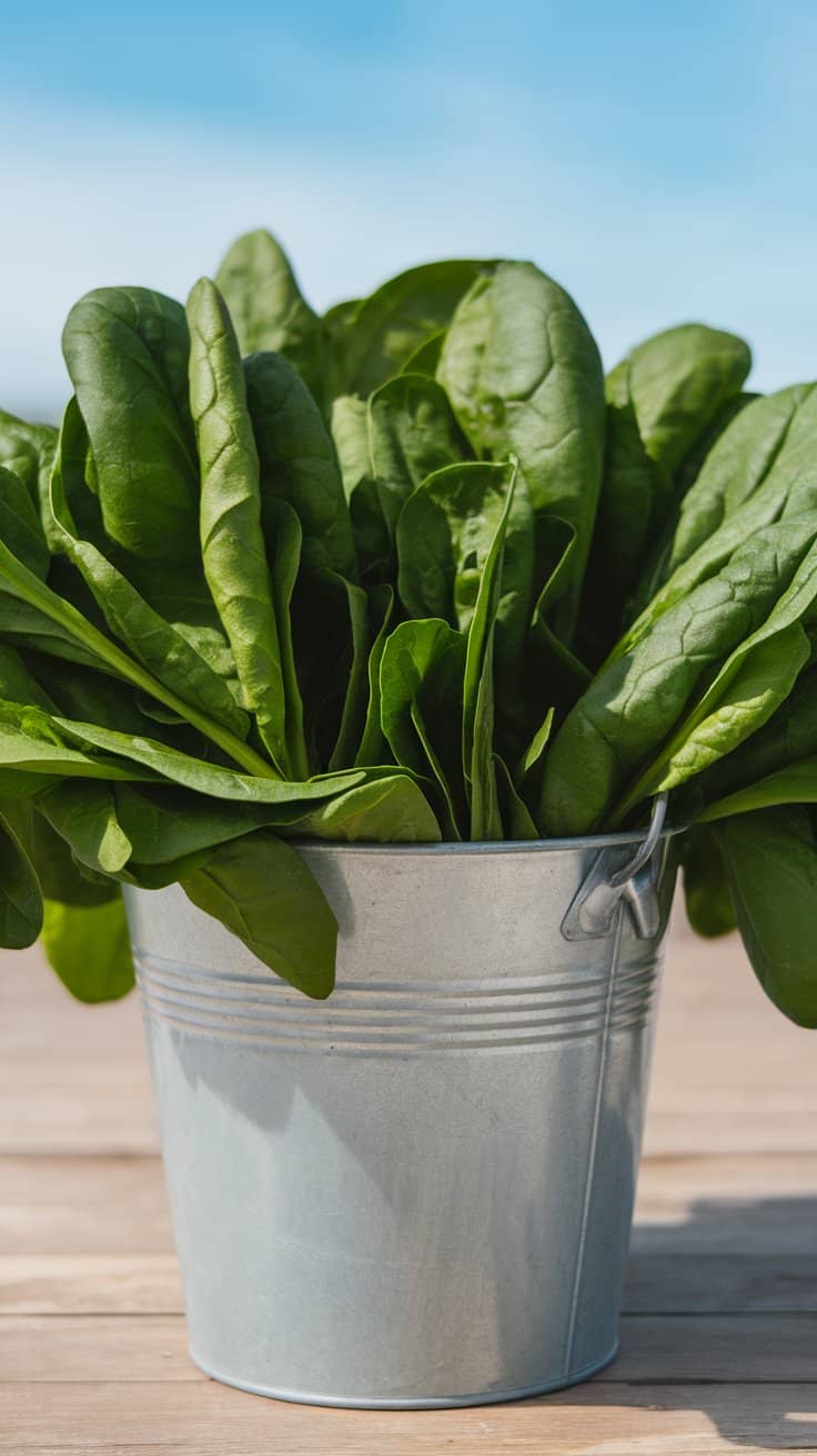 A bunch of fresh spinach leaves in a small, silver metal bucket. The bucket is placed on a wooden surface with a clear blue sky in the background.