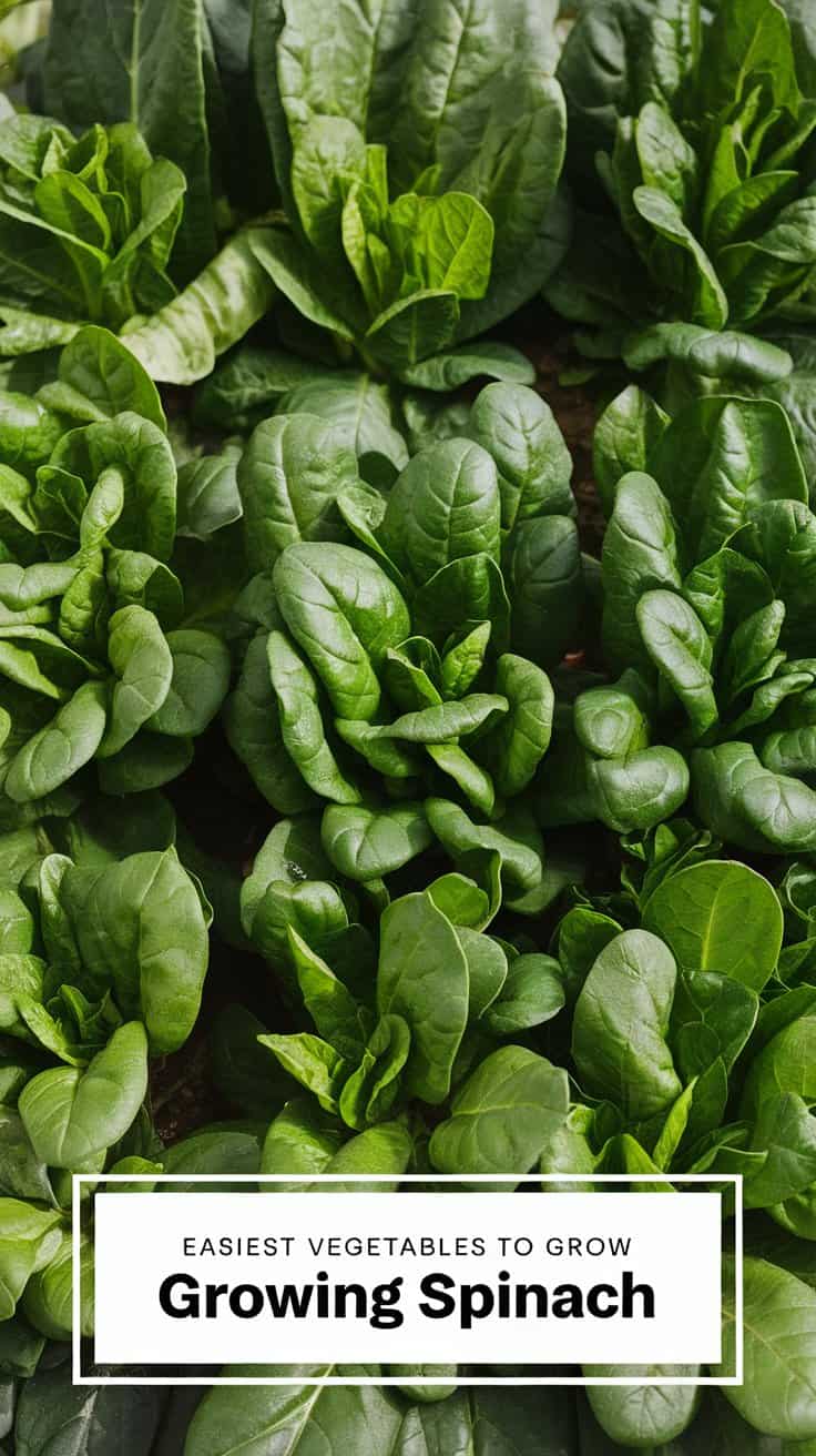 A lush patch of spinach plants with vibrant green leaves. A white text box at the bottom reads, Easiest Vegetables to Grow - Growing Spinach.
