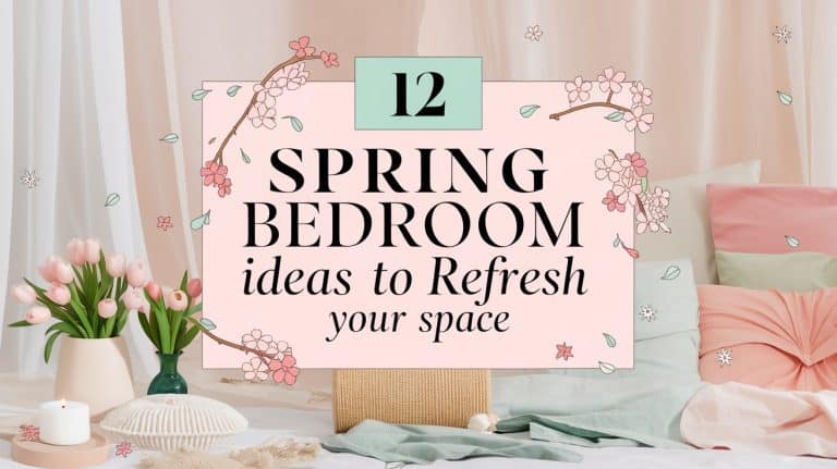 A cozy bedroom setting with pastel-colored pillows and a bedspread. A sign in the center reads, 12 Spring Bedroom Ideas to Refresh Your Space, adorned with cherry blossoms. Pink tulips and décor surround the framed sign.