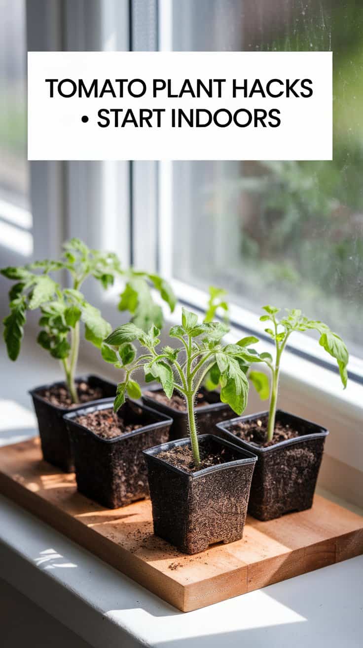 Four small tomato plants in black pots are placed on a wooden tray by a sunny window. The text reads, Tomato Plant Hacks • Start Indoors. The window lets in natural light, illuminating the green leaves.
