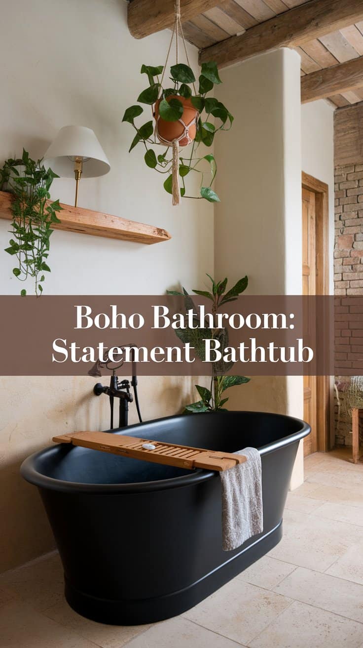 A boho-style bathroom with a black freestanding bathtub, wooden plank shelf with plants, and a hanging planter. The space features natural textures, beige walls, and a rustic wooden ceiling beam. 