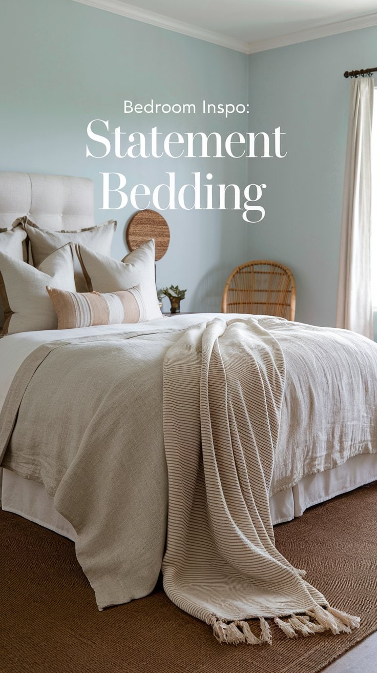 A cozy bedroom features a bed with neutral-toned statement bedding, including cushions and a textured throw. The room has soft blue walls, a wicker chair in the corner, and sheer curtains letting in natural light. Text reads: Bedroom Inspo: Statement Bedding.