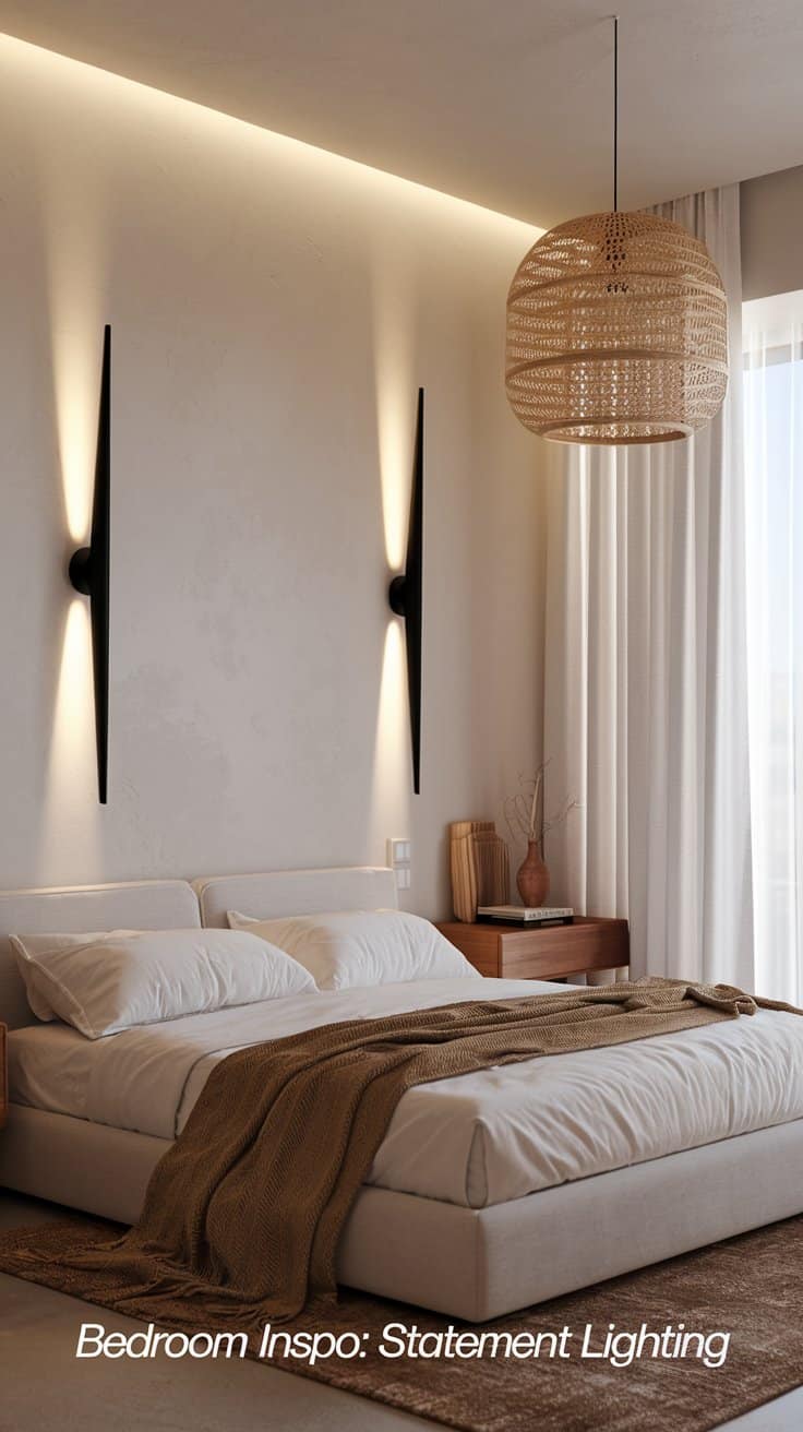 A minimalist bedroom with a large bed, neutral bedding, and a woven pendant lamp. Two modern wall sconces cast soft light on a beige wall. A wooden nightstand holds decor items. Text reads Bedroom Inspo: Statement Lighting.