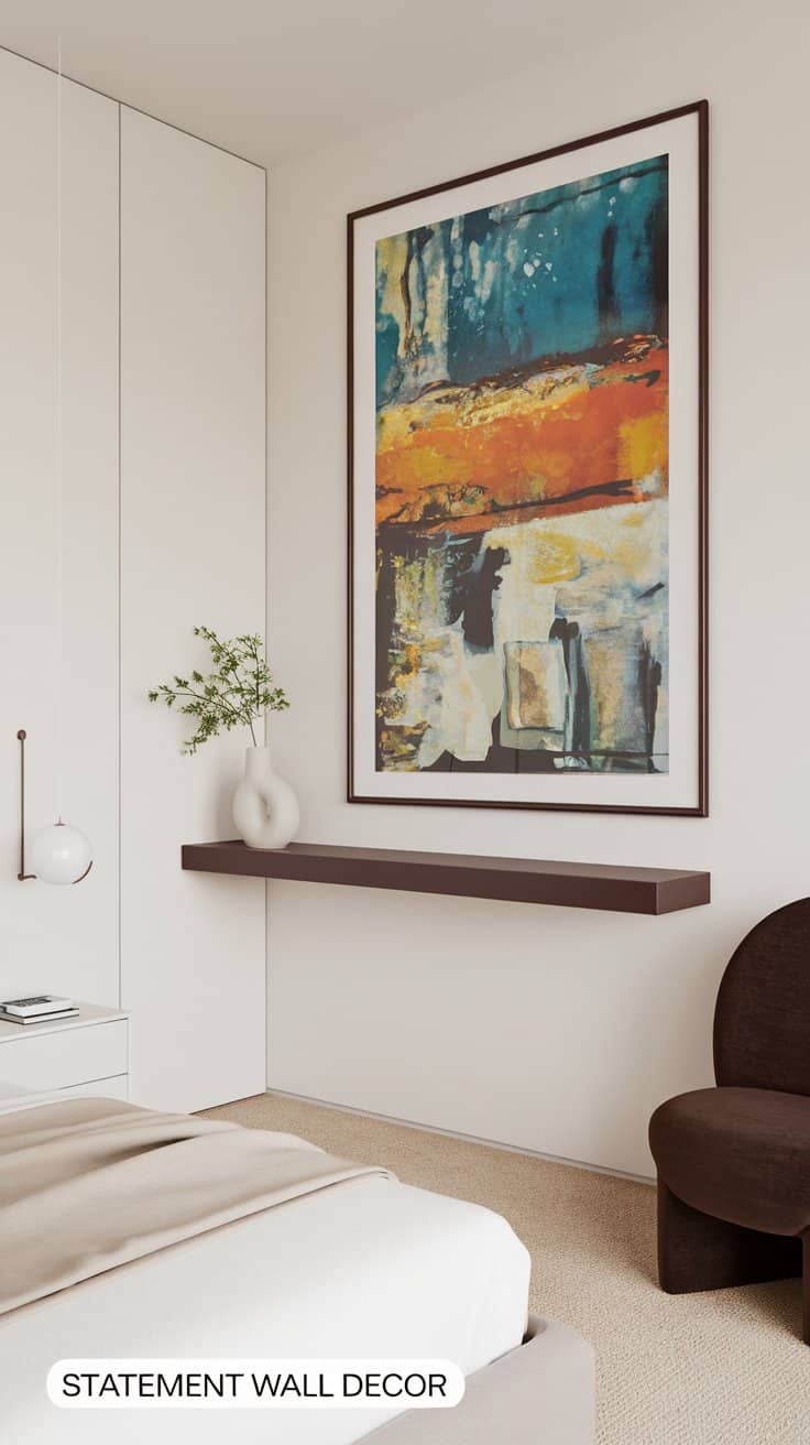 A minimalist bedroom with a large, colorful abstract painting on the wall. A floating dark shelf holds a white vase with greenery. A brown chair and a bed with beige bedding are in the room. Text at the bottom reads, STATEMENT WALL DECOR.