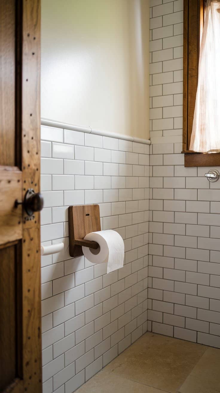 A bathroom corner with white subway tiles on the walls, a wooden toilet paper holder with a roll of toilet paper, a wooden door to the left, a window with sheer curtains on the right, and beige floor tiles.