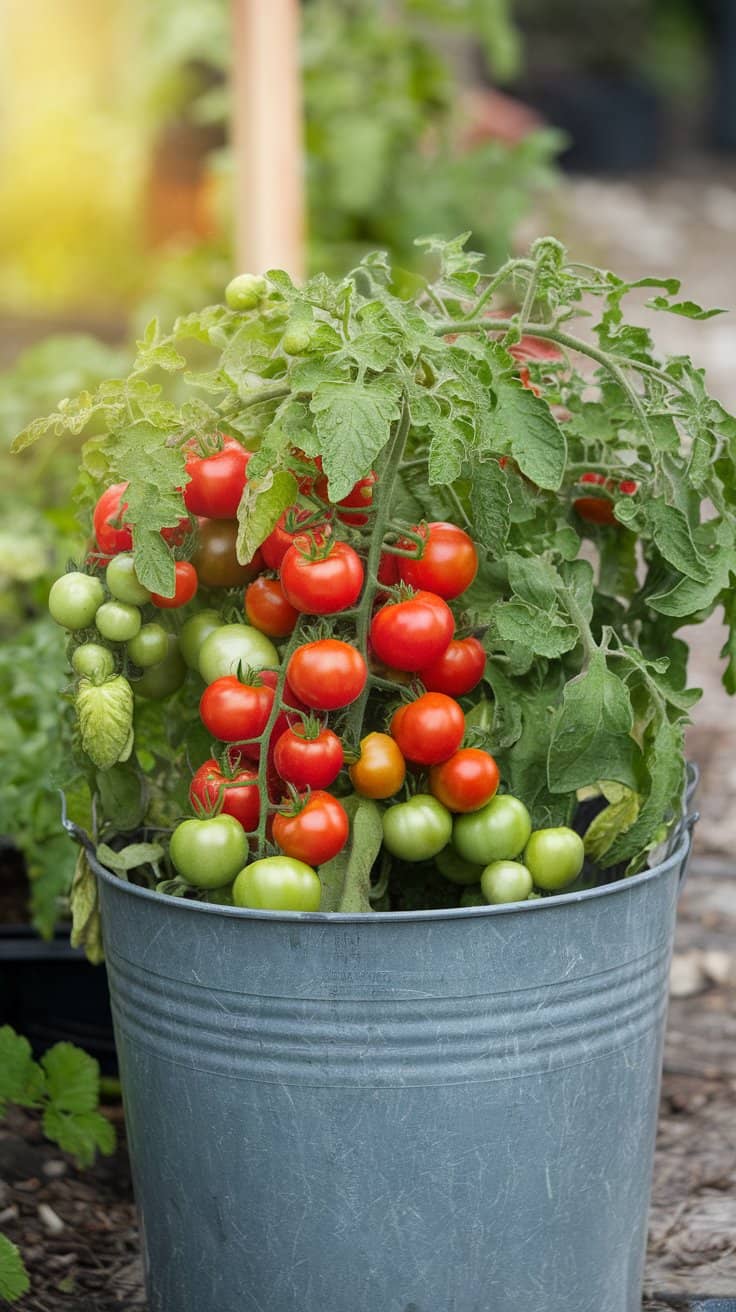 Tomato plant in a metal bucket with ripe red and unripe green tomatoes. Bright green leaves surround the clusters of tomatoes. The background shows blurred natural elements and sunlight.