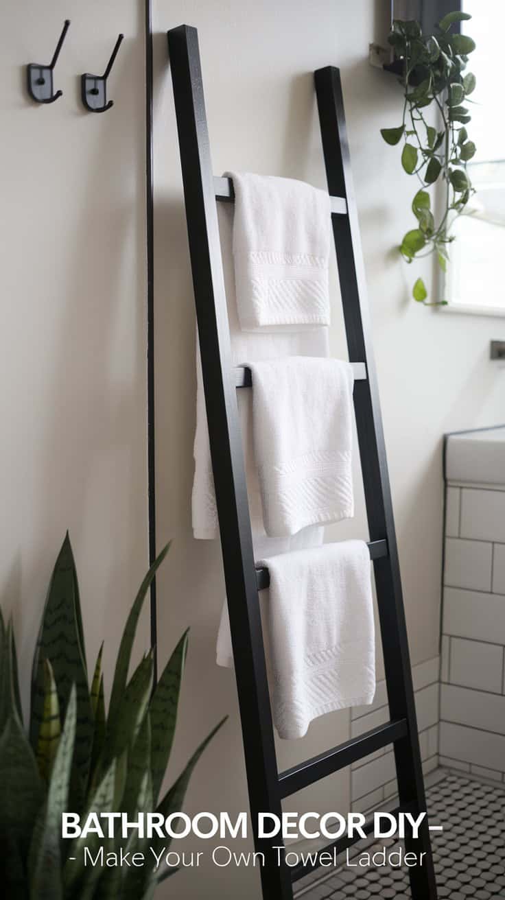 Black ladder shelf with three white towels against a white bathroom wall. Potted plants and hooks are visible. White tiles cover part of the wall. Text reads, Bathroom Decor DIY - Make Your Own Towel Ladder.