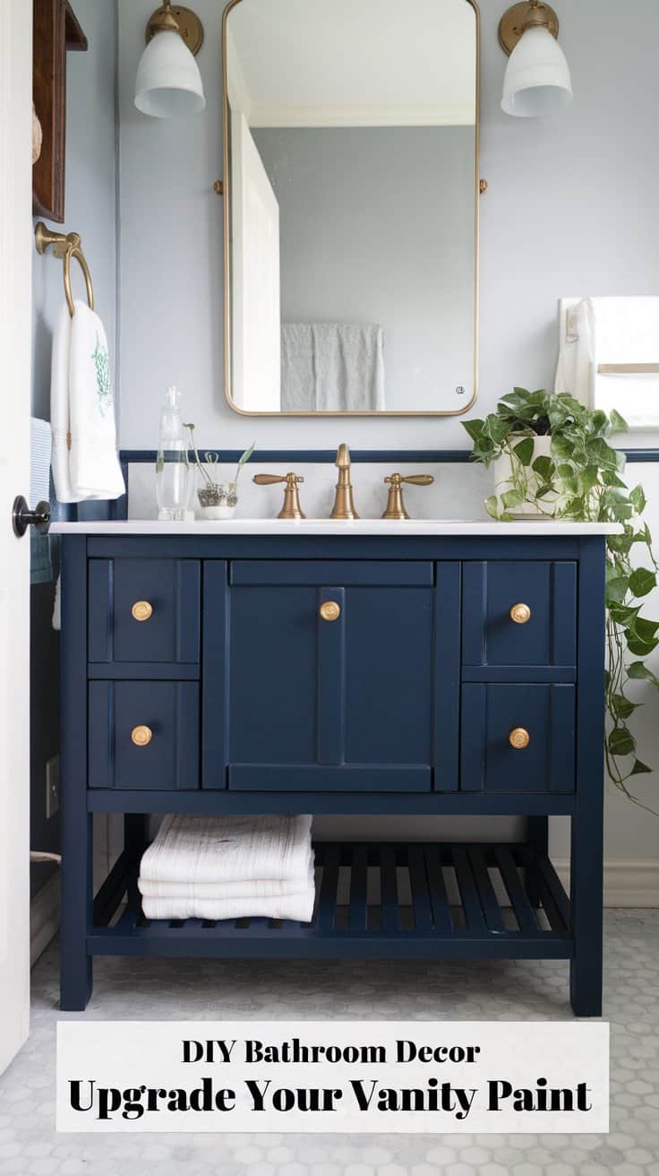 A bathroom features a navy blue vanity with brass knobs, a white countertop, and a brass faucet. A round mirror is above, flanked by white sconces. A plant and white towels add decor. Text at the bottom reads, DIY Bathroom Decor: Upgrade Your Vanity Paint.