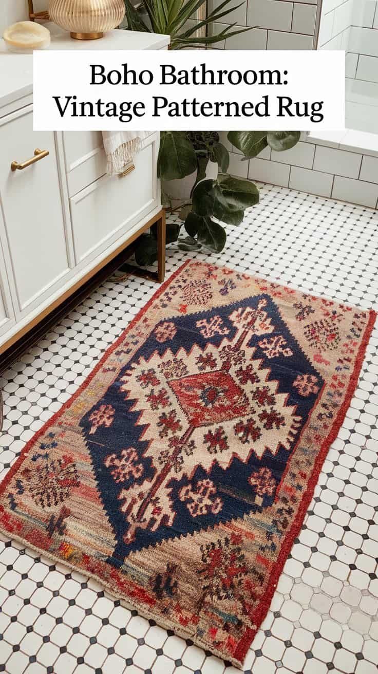 Bathroom with a white vanity cabinet and a vintage patterned rug on a tile floor. The rug features red, blue, and beige geometric designs. A potted plant is partially visible behind the vanity.
