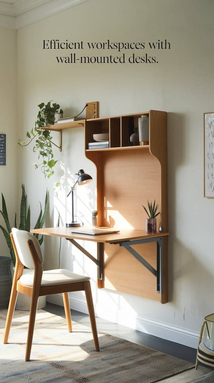 A minimalist workspace featuring a wooden wall-mounted desk with built-in shelves. A modern chair is positioned in front, and a potted plant adds greenery. Soft daylight illuminates the area, creating a calm and efficient atmosphere.