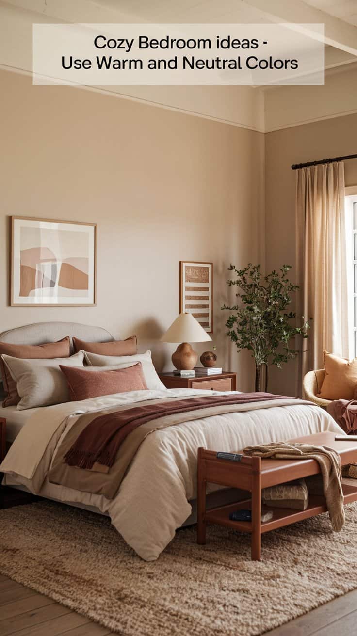 A cozy bedroom with neutral and warm colors. The space features a bed with beige and brown bedding, a wooden bench, and nightstands. Artwork decorates the walls, and a potted plant stands by the window with beige curtains.