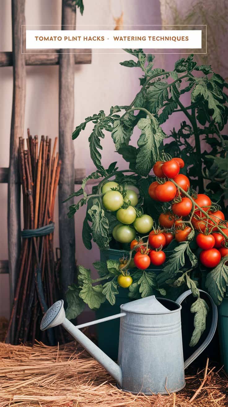 A tomato plant with ripe red and green tomatoes is placed beside a watering can and a bundle of sticks. A sign above reads, Tomato Plant Hacks - Watering Techniques.