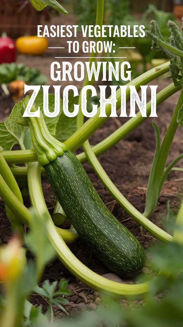 Zucchini plant growing in a garden with a ripe zucchini visible among the leaves. Text overlay reads, Easiest Vegetables to Grow: Growing Zucchini. Other vegetables and plants are blurred in the background.