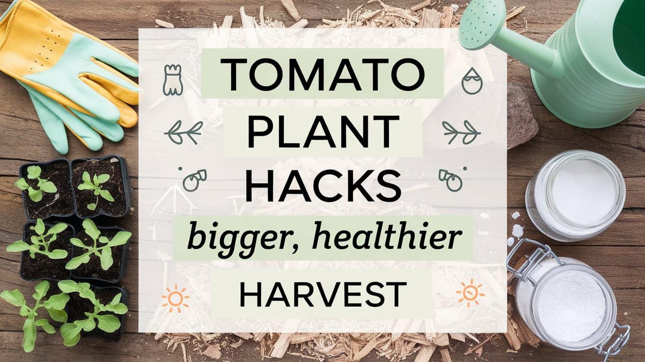 Gardening tools, potted seedlings, and a watering can surround a sign reading Tomato Plant Hacks: Bigger, Healthier Harvest on a wooden surface. Decorative icons of tomatoes and leaves are scattered around.