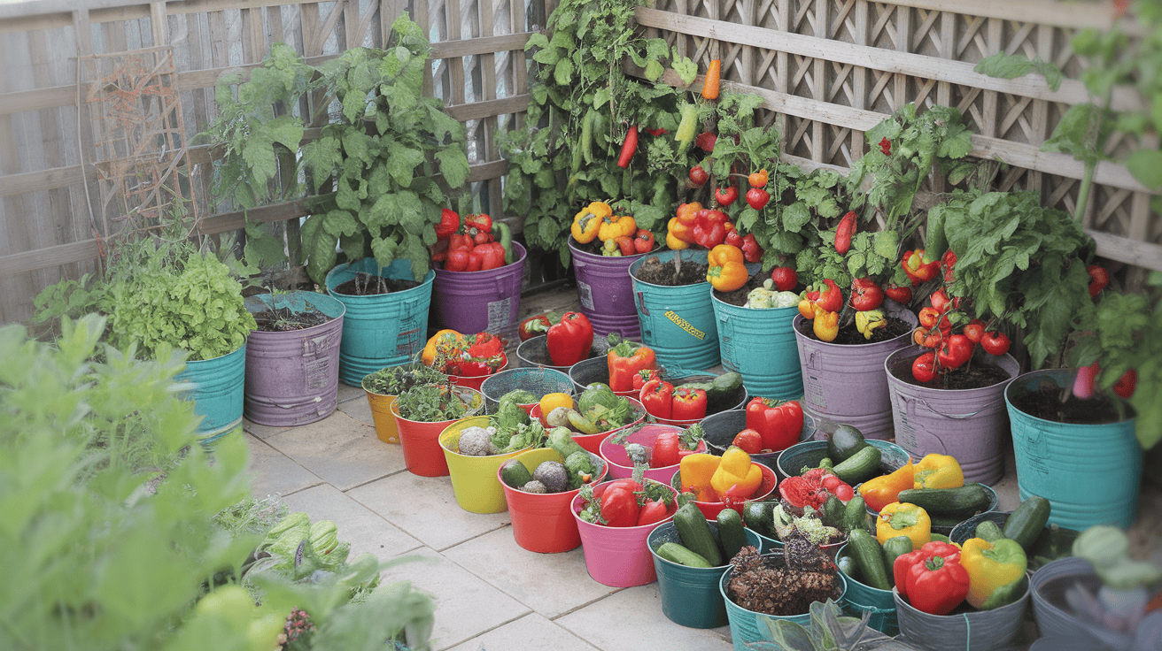 A vibrant container garden with various colorful vegetables. Brightly painted pots hold tomatoes, peppers, lettuce, and zucchini on a patio. Wooden lattice forms the background, adding a rustic touch to the lush greenery.