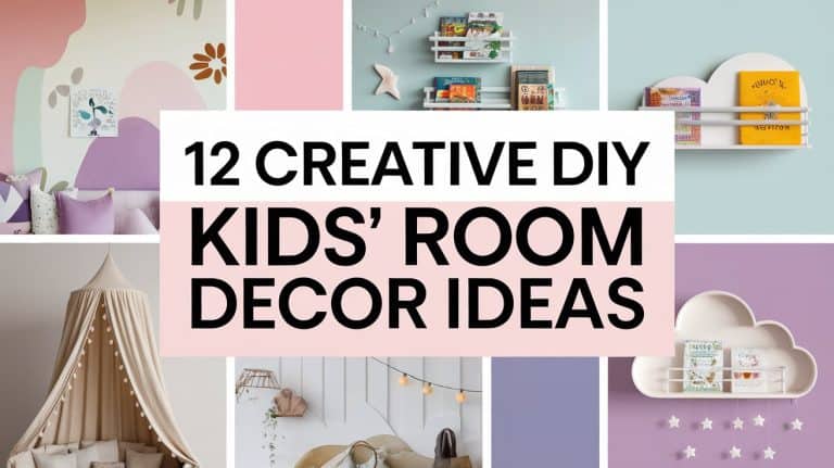 Collage of kids room decor ideas with pastel colors and creative shelving. Includes tented bed with string lights, wall shelves in cloud shapes, and wall art with abstract designs. Features text: 12 Creative DIY Kids’ Room Decor Ideas.
