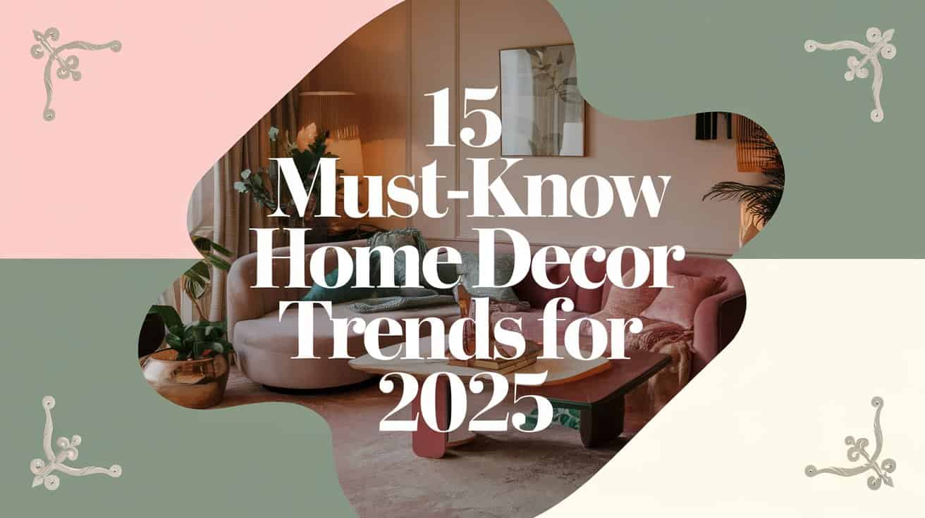 Stylish living room interior featuring plush pink sofa, green velvet armchair, wooden coffee table, and plants. Overlay reads: 15 Must-Know Home Decor Trends for 2025 on a pink, green, and cream pattern background.