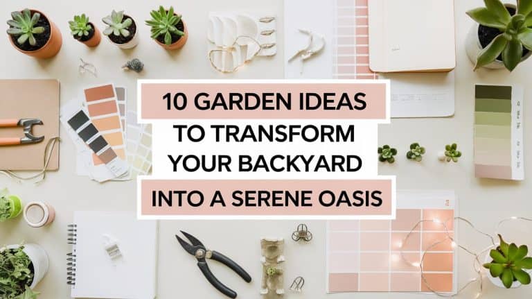 A flat lay of gardening tools, plants, and color swatches surrounds text that reads, 10 Garden Ideas to Transform Your Backyard into a Serene Oasis.