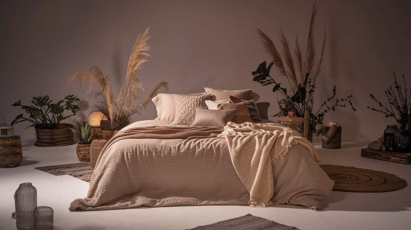 Cozy bedroom setup with a neatly made bed featuring beige linens and an assortment of plush pillows. Dried pampas grass and leafy plants decorate the background, creating a relaxed, natural ambiance in soft lighting.