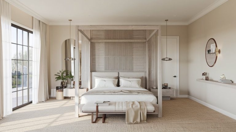 A neutral-toned bedroom with a canopy bed, light bedding, and cushions. Floor-to-ceiling windows with white curtains, a round mirror, plants, and a wall-mounted shelf with decor add elegance. The room is bright and minimalistic.