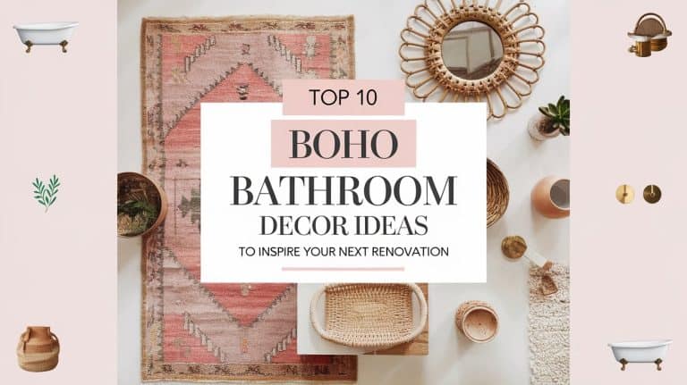 A collage titled Top 10 Boho Bathroom Decor Ideas featuring a pink geometric rug, wicker basket, and decor accents like a mirror and plants. Surrounding elements include a bathtub, faucet, and other bathroom items in a bohemian style.