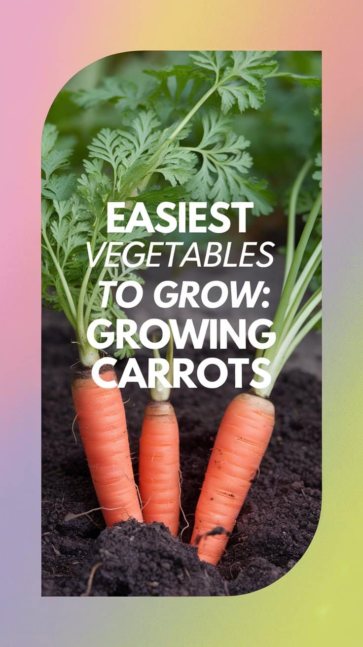 Three carrots growing in rich soil with vibrant green tops. The background is a gradient of soft pastel colors. Text overlay reads: Easiest Vegetables to Grow: Growing Carrots.