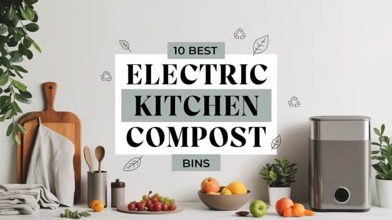 A modern kitchen counter with a compost bin, cutting boards, kitchen tools, and fresh fruits. Text in the center reads, 10 Best Electric Kitchen Compost Bins. Greenery and small plant illustrations surround the text.
