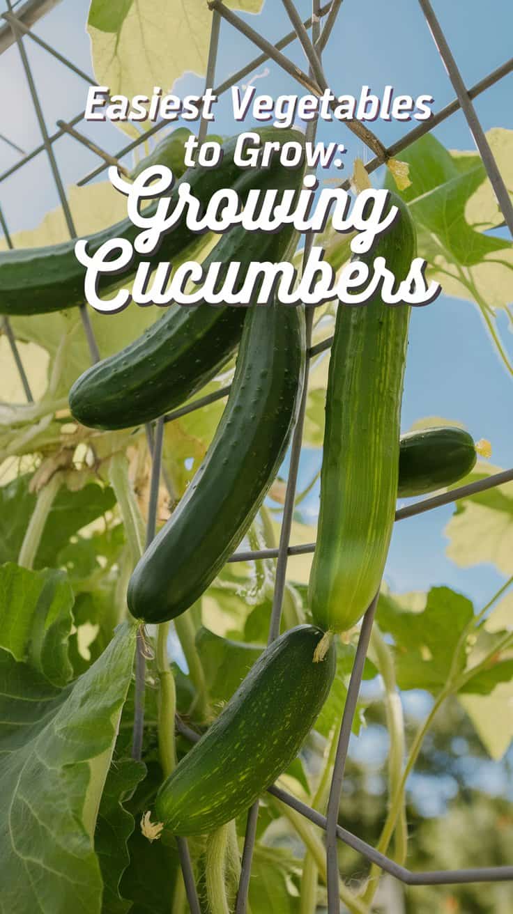 Close-up of cucumbers growing on a vine supported by a trellis. Text over the image reads: Easiest Vegetables to Grow: Growing Cucumbers. The background has green leaves and a blue sky.