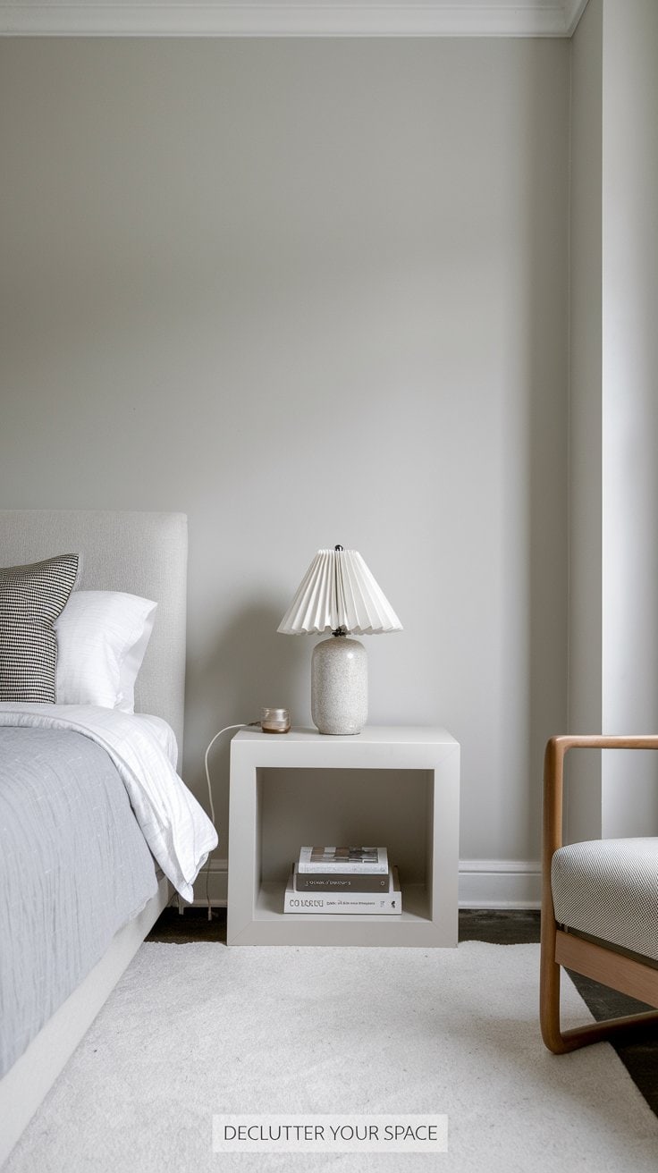 A minimalist bedroom features a cozy bed with white and gray bedding. A sleek nightstand holds a textured lamp and a book. A neutral armchair sits next to it. Soft gray walls and a large window contribute to the serene atmosphere.