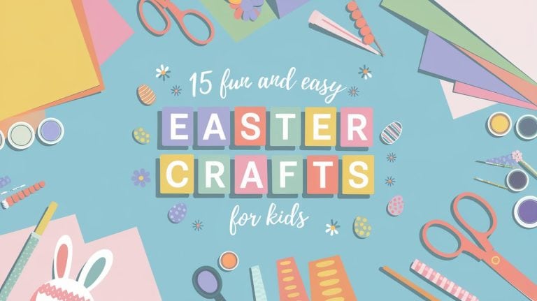 Colorful Easter crafts supplies, including scissors, paper, and paint, surround the text 15 fun and easy Easter crafts for kids on a blue background.