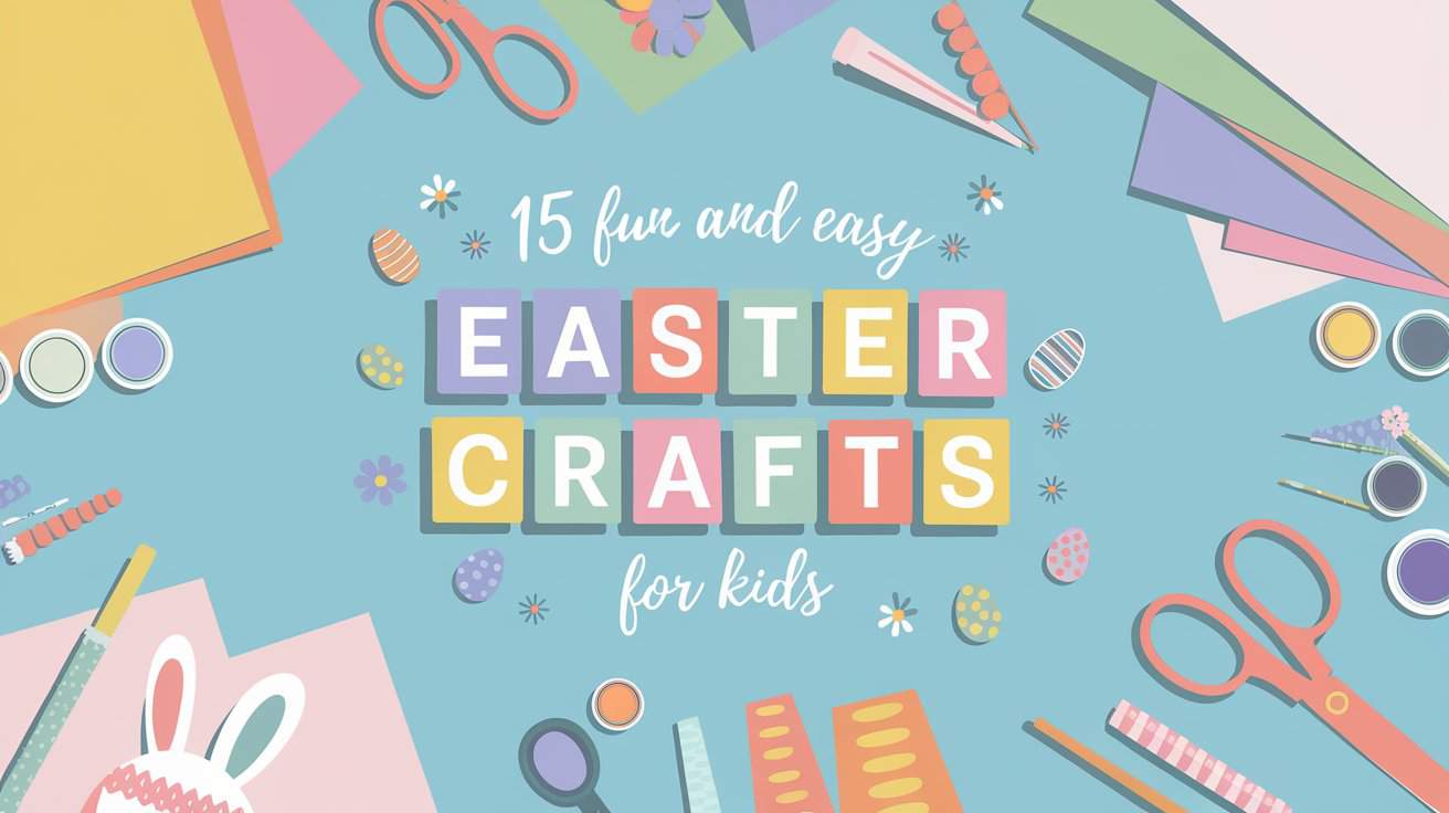 Colorful Easter crafts supplies, including scissors, paper, and paint, surround the text 15 fun and easy Easter crafts for kids on a blue background.