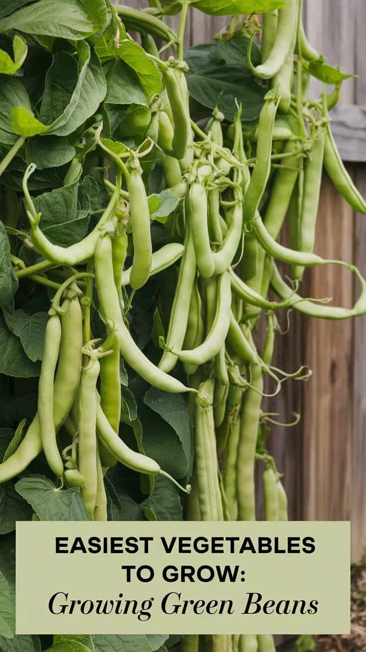 A thriving green bean plant with abundant long green beans hanging from its vines. The background features a wooden fence. There is text overlay at the bottom that reads: Easiest Vegetables to Grow: Growing Green Beans.