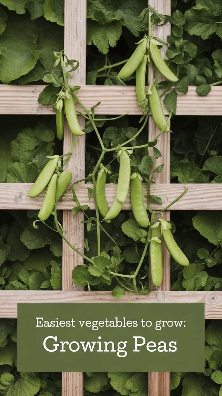 Pea plants with green pods climb a wooden trellis against a background of lush leaves. A green text box at the bottom reads, Easiest vegetables to grow: Growing Peas.