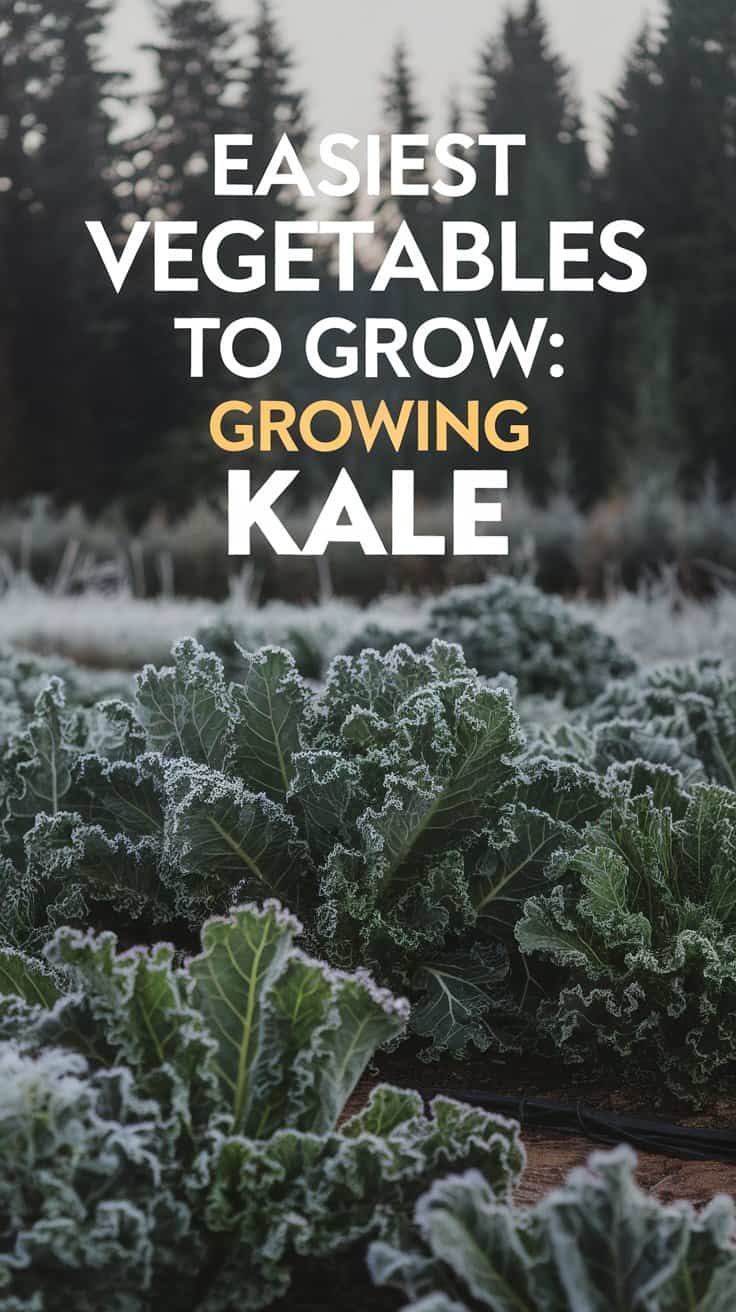 A garden with rows of kale plants covered in a light frost, with evergreen trees in the background. Text reads: Easiest Vegetables to Grow: Growing Kale.