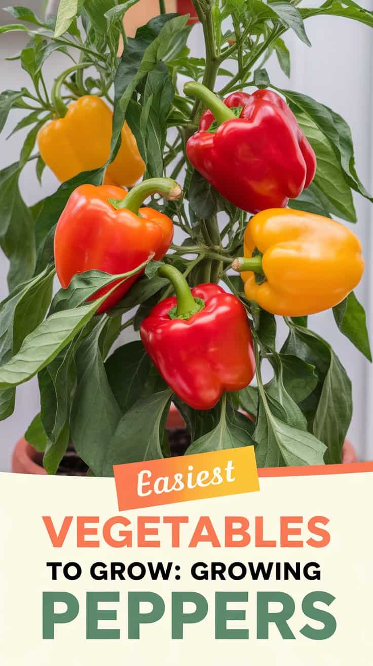 A plant with red, orange, and yellow bell peppers growing, surrounded by green leaves. Text below reads, Easiest Vegetables to Grow: Growing Peppers.