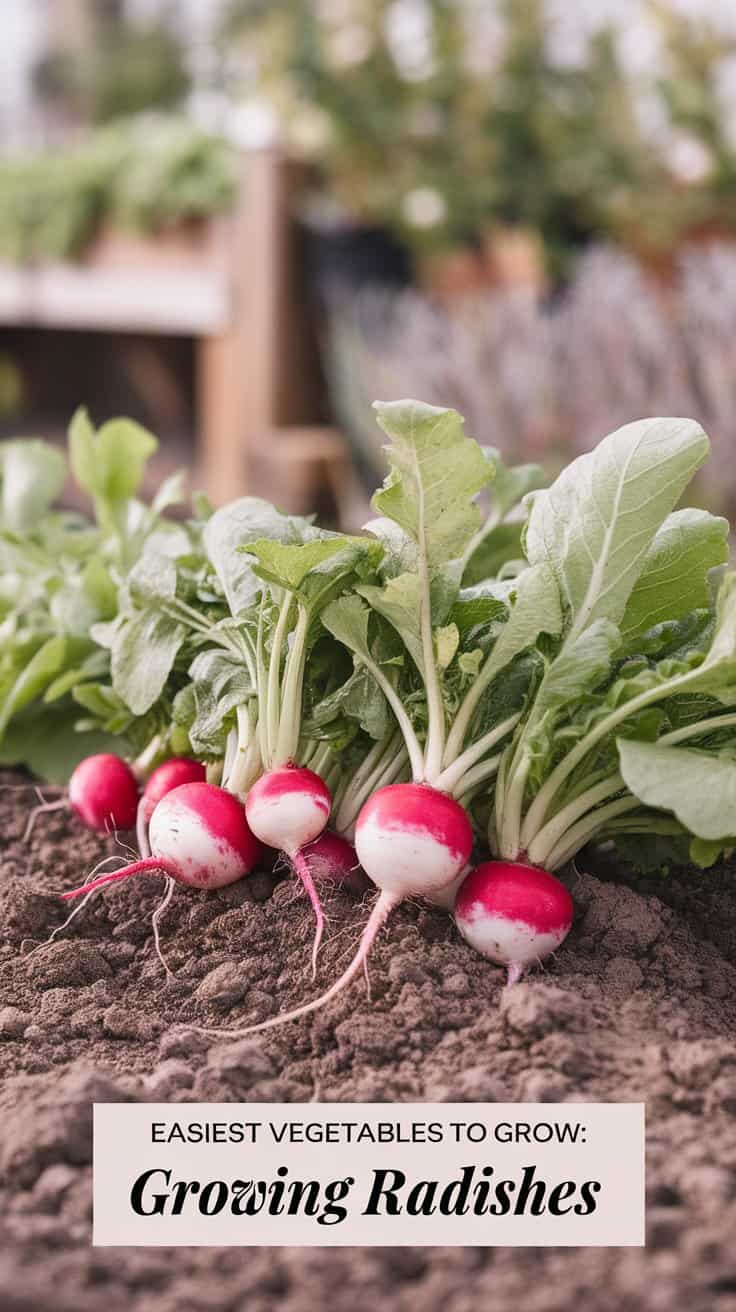 Freshly harvested radishes with red tops and white tips lie on soil. Lush green leaves are attached. Text at the bottom reads, Easiest Vegetables to Grow: Growing Radishes against a blurred garden background.