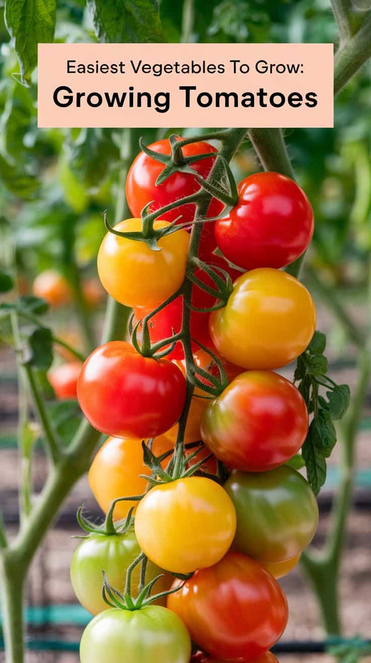 A cluster of tomatoes at various ripeness stages, from green to red, on a vine. The text above reads, Easiest Vegetables To Grow: Growing Tomatoes. The background shows more tomato plants.
