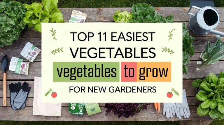 A wooden table with gardening tools, gloves, and seed packets. Fresh leafy greens and a watering can surround a sign reading, Top 11 Easiest Vegetables to Grow for New Gardeners.